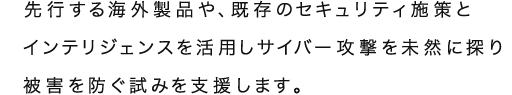 先行する海外製品や、既存のセキュリティ施策とインテリジェンスを活用しサイバー攻撃を未然に探り被害を防ぐ試みを支援します。